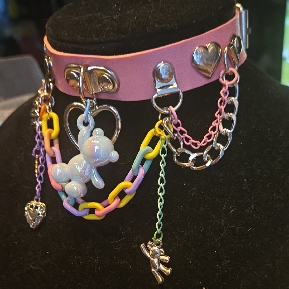 Pastel Bear Charm Necklace with Heart Accents - Picture 2 of 9